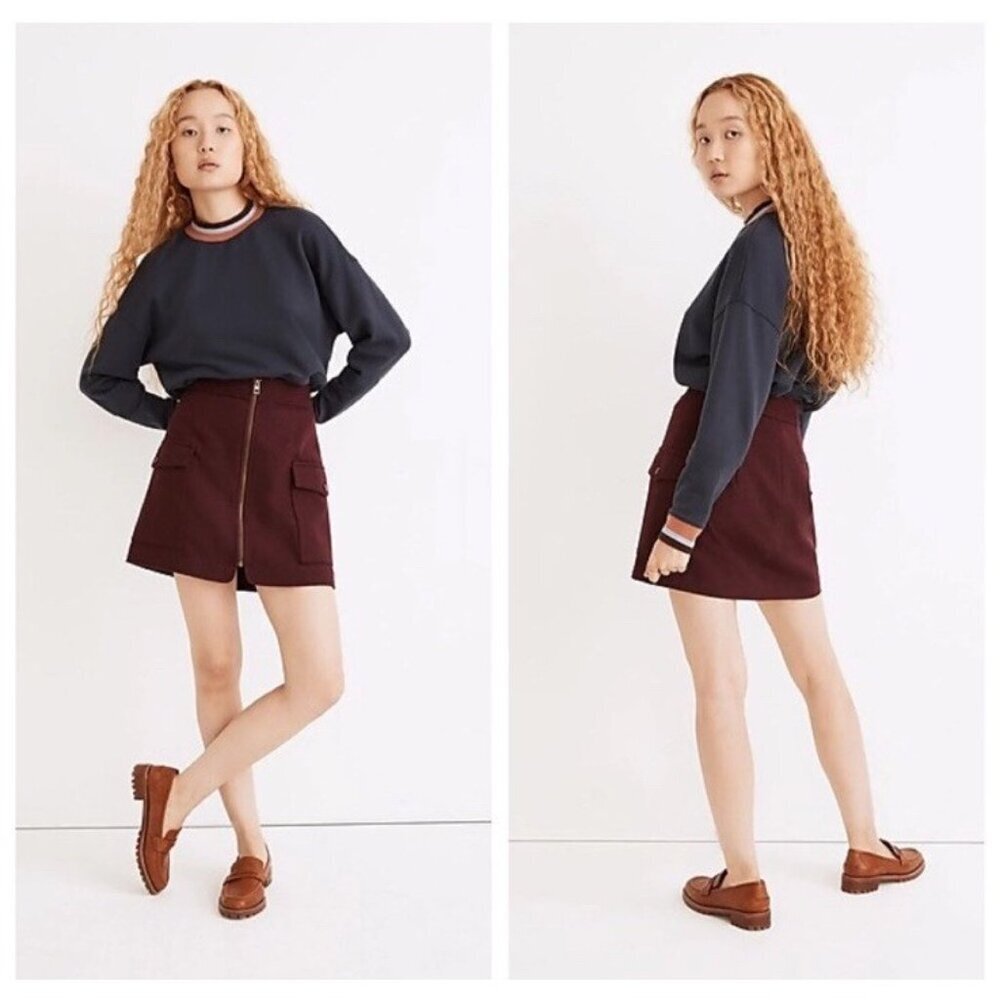 Madewell Zip Front Burgundy Mini Skirt Size 00 Lined Wool Blend